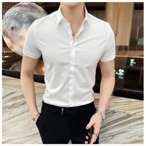 Áo Sơ Mi Nam Trắng Ngắn Tay Công sở Cotton Dáng Ôm Thoải Mái Không Nhăn Xù