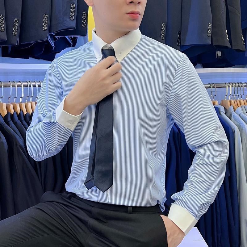 Áo sơ mi nam PRESENT dài tay kẻ sọc nẹp ẩn chuẩn form - vải co giãn nhẹ chống nhăn