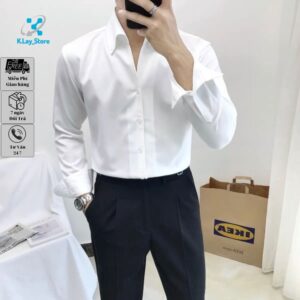 Áo sơ mi nam trắng Present cổ V lịch lãm, chất vải lụa trơn cao cấp chống nhăn