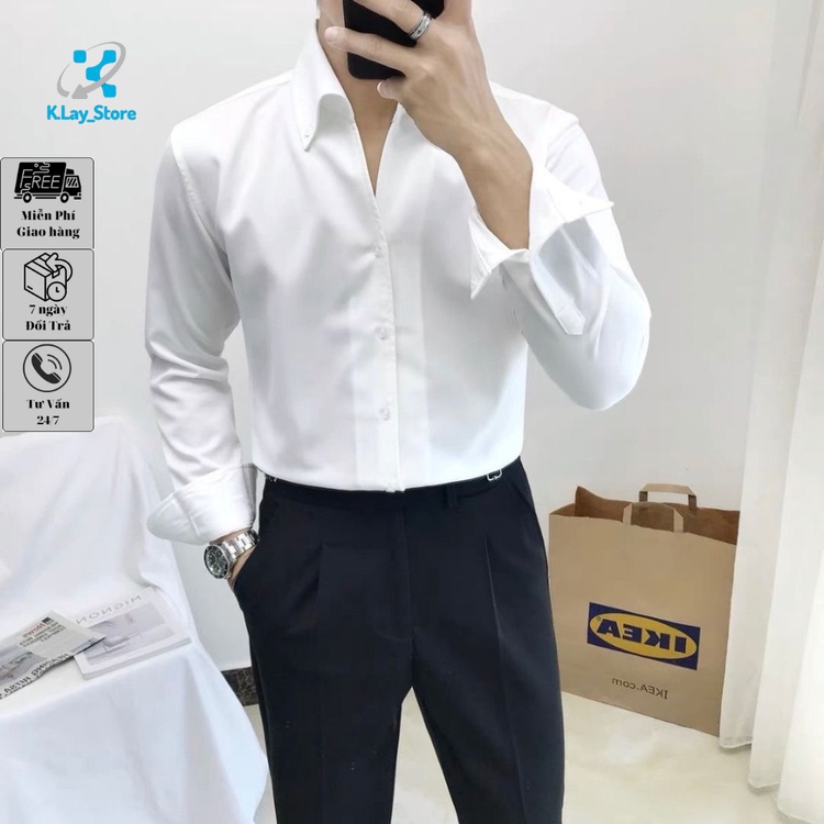 Áo sơ mi nam trắng Present cổ V lịch lãm, chất vải lụa trơn cao cấp chống nhăn